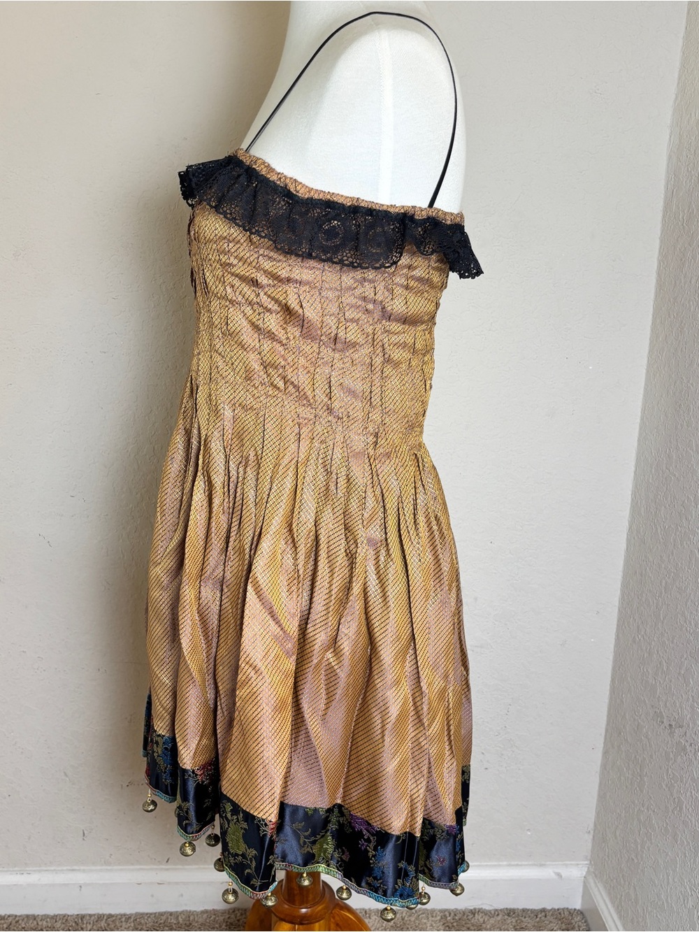 Handmade Boho Mini Dress Brown Black Lace Smocked Beaded Retro Festival Medium - Picture 3 of 7